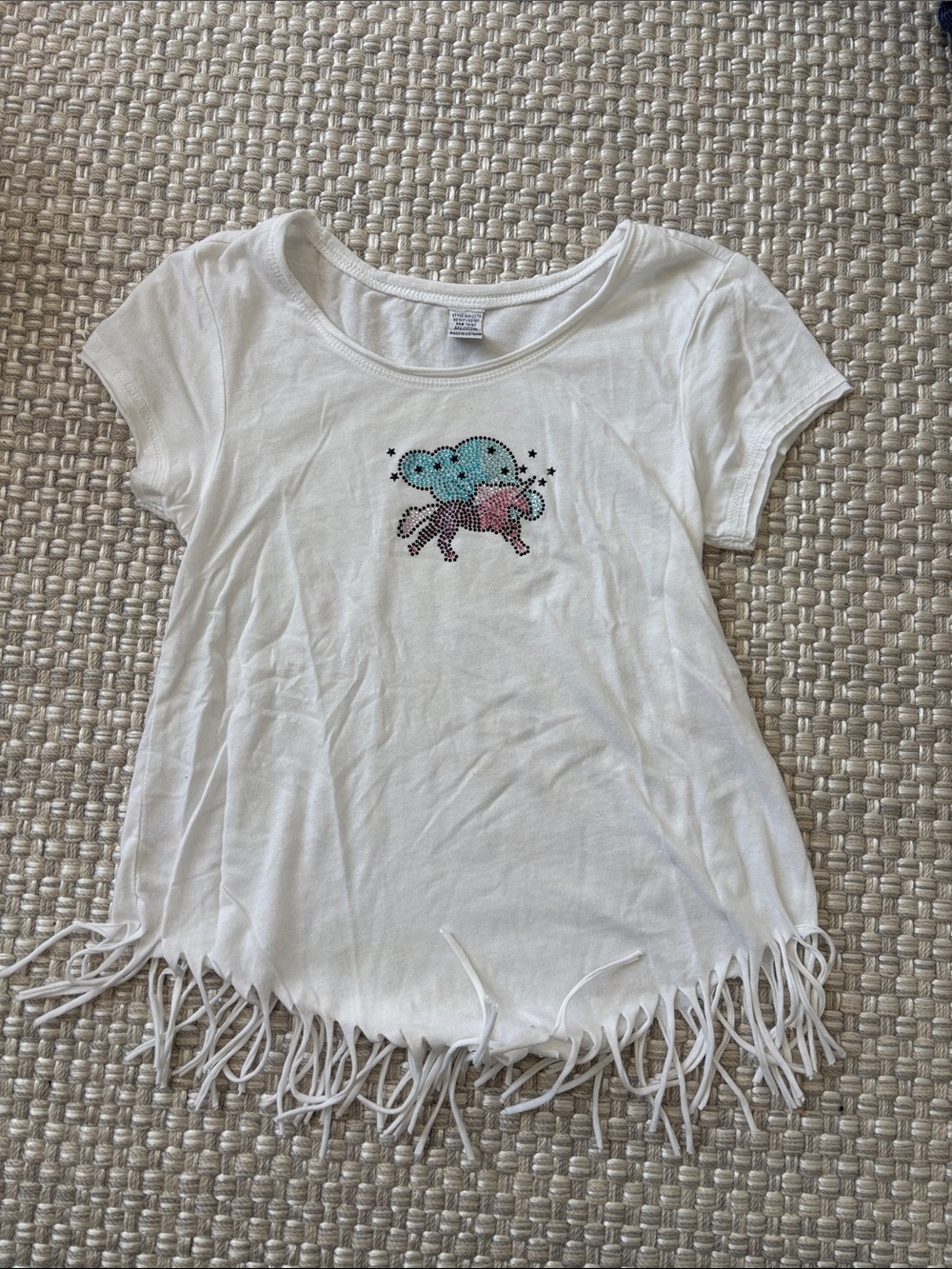 Girls White Short Sleeve Fringe Cover-Up with Unicorn Heart Graphic